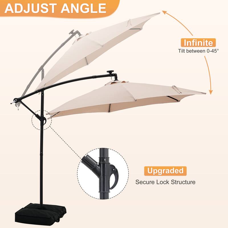 Autlaycil 10ft Offset Hanging Market Patio Umbrella With Base&Solar Lights