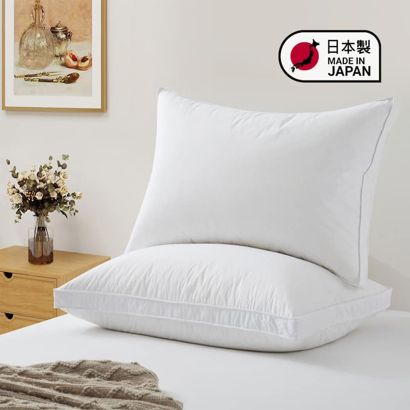 2 Pack 300TC Breathable Cotton Cover Goose Feather Down Pillows Made in Japan