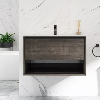 36-Inch Floating Bathroom Vanity Set – Gray Wood Finish, Double Soft-Close Drawers, Ceramic Sink & Mirror Included
