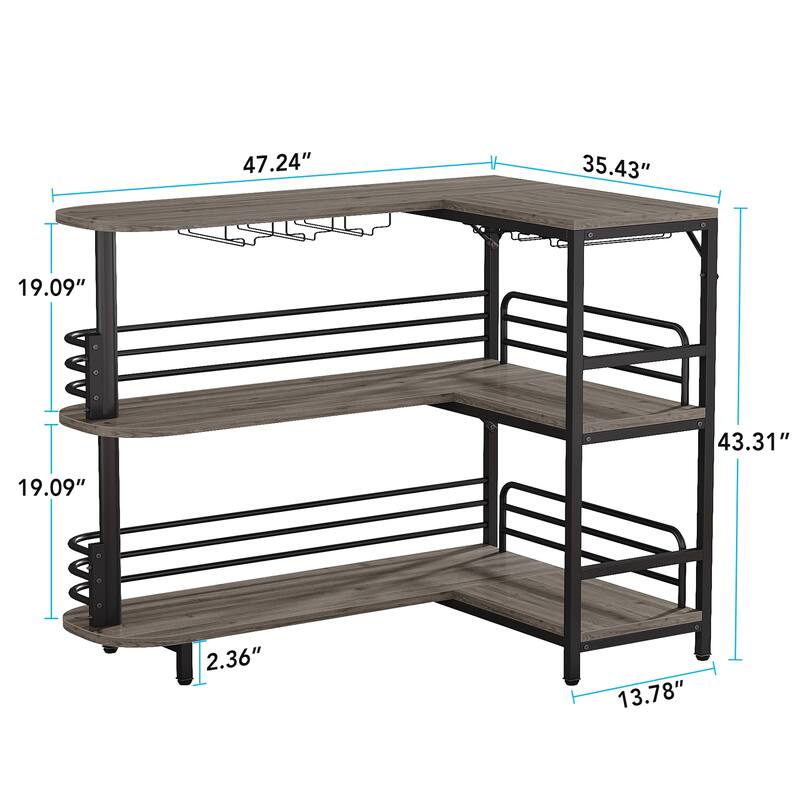 L-Shaped Home Bar Unit, 3 Tier Liquor Bar Table with Wine Glasses Holder, Corner Wine Bar Cabinet for Home Kitchen Pub
