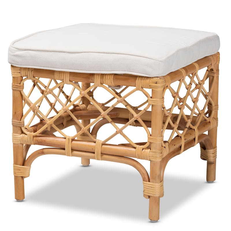 Orchard Modern Bohemian Upholstered Rattan Ottoman-White/Natural Brown - White, Natural Brown