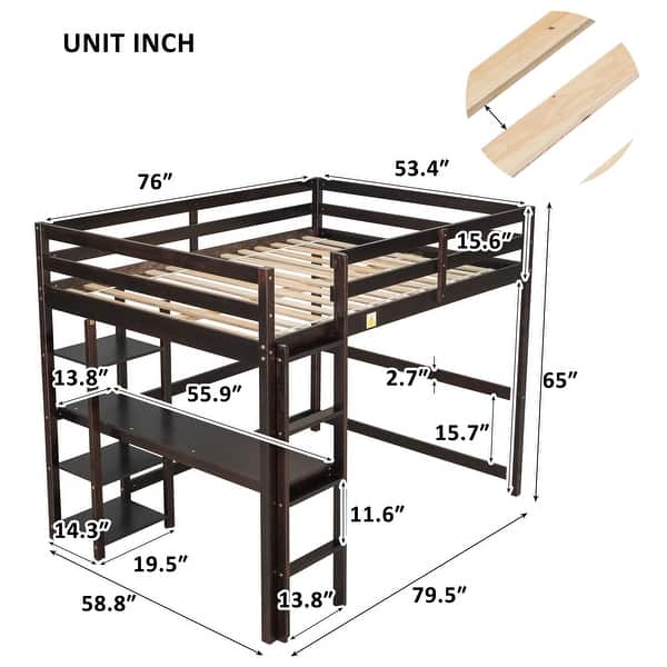 Multifunctional Full Size Wood Loft Kids Bed with Built-in Desk,Shelves,Safety Guardrails and Ladder