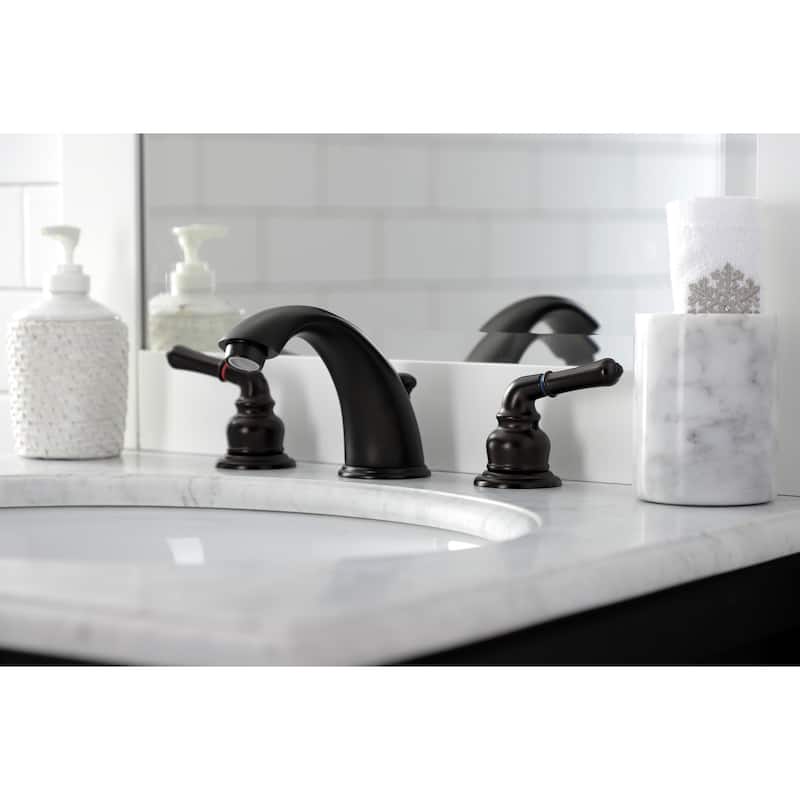 Kingston Brass Magellan Deck Mount Widespread Bathroom Faucet with Brass Pop-Up