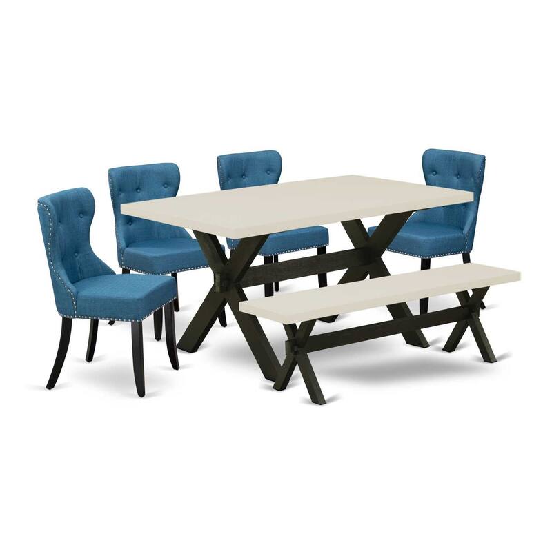HomeStock 6-Piece Rectangle Natural Oak Finish Solid Wood Top Dining Table with 1-Bench, 4 Upholstered-Chairs