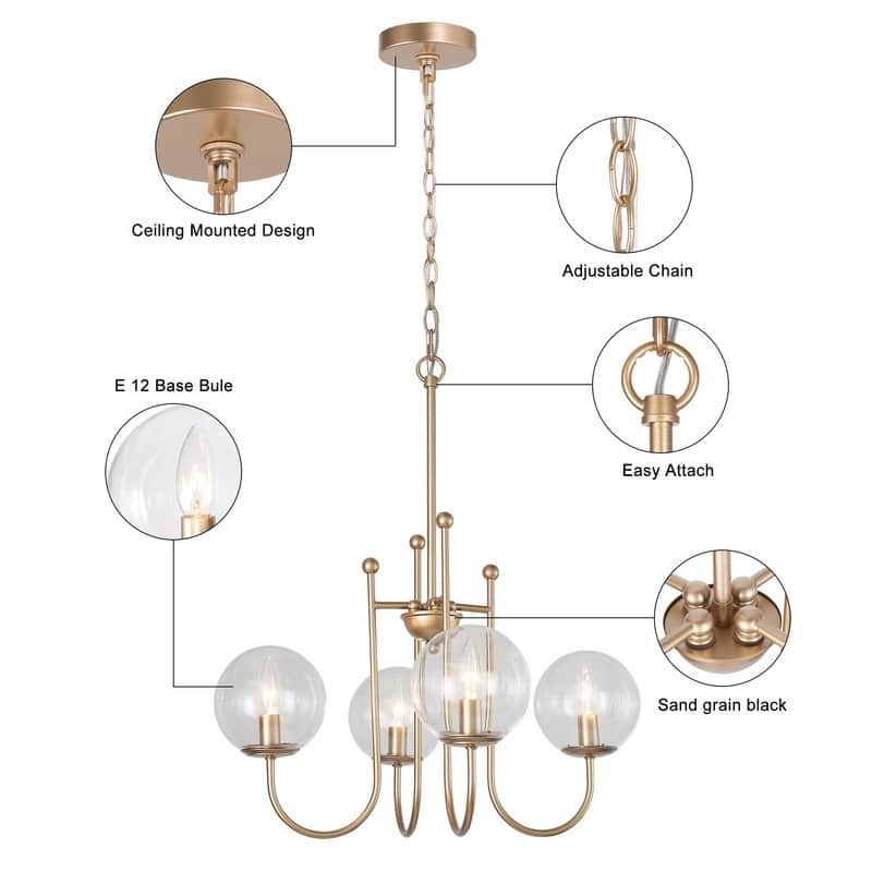 Mid-Century Modern Gold 4-light Wheel Chandeliers Globe Glass Curved Arms for Kitchen, Dining Room, Entryway - D21.5'' x H84.5''