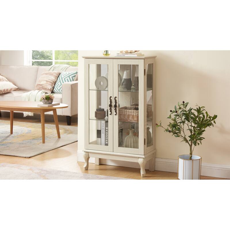 Lighted Curio Cabinet with Mirrored Back, 3 Tier Storage Display Cabinet with Tempered Glass Doors & Adjustable Shelves