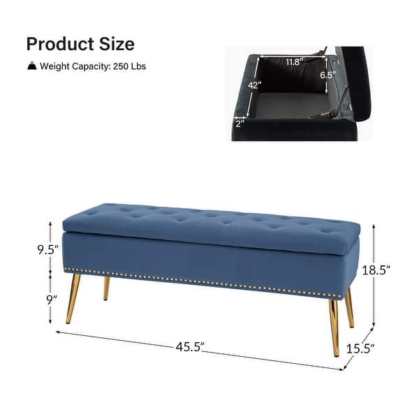 dimension image slide 6 of 19, HULALA HOME Neptunus Modern 45.5" W Velvet Bedroom Storage Bench for End of Bed with Nailhead Trim