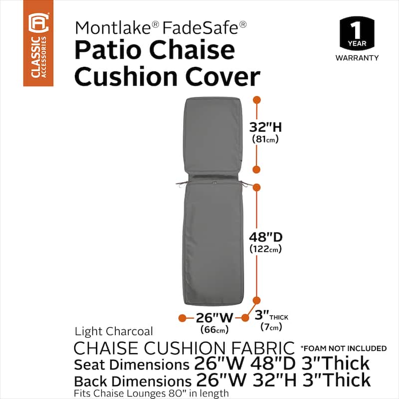 Classic Accessories Montlake Water-Resistant 72 x 21 x 3 Inch Patio Chaise Lounge Cushion Slip Cover, Antique Beige