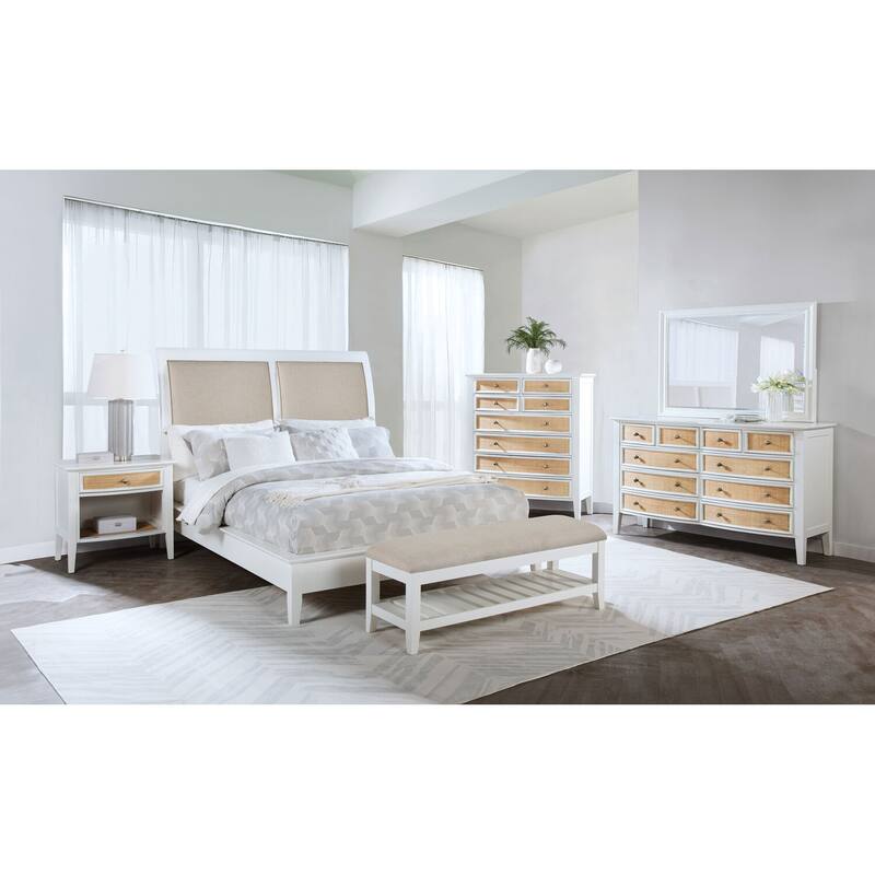 White 1-Drawer Nightstand with Natural Rattan Accents, Felt Lining and Open Shelf for Coastal Modern Style