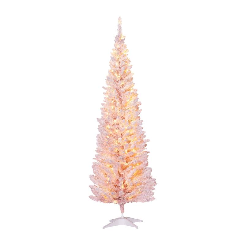 HOMCOM 6' Tall Pre-Lit Slim Noble Fir Artificial Christmas Tree with Realistic Branches, 170 Warm White LED Lights and 390 Tips