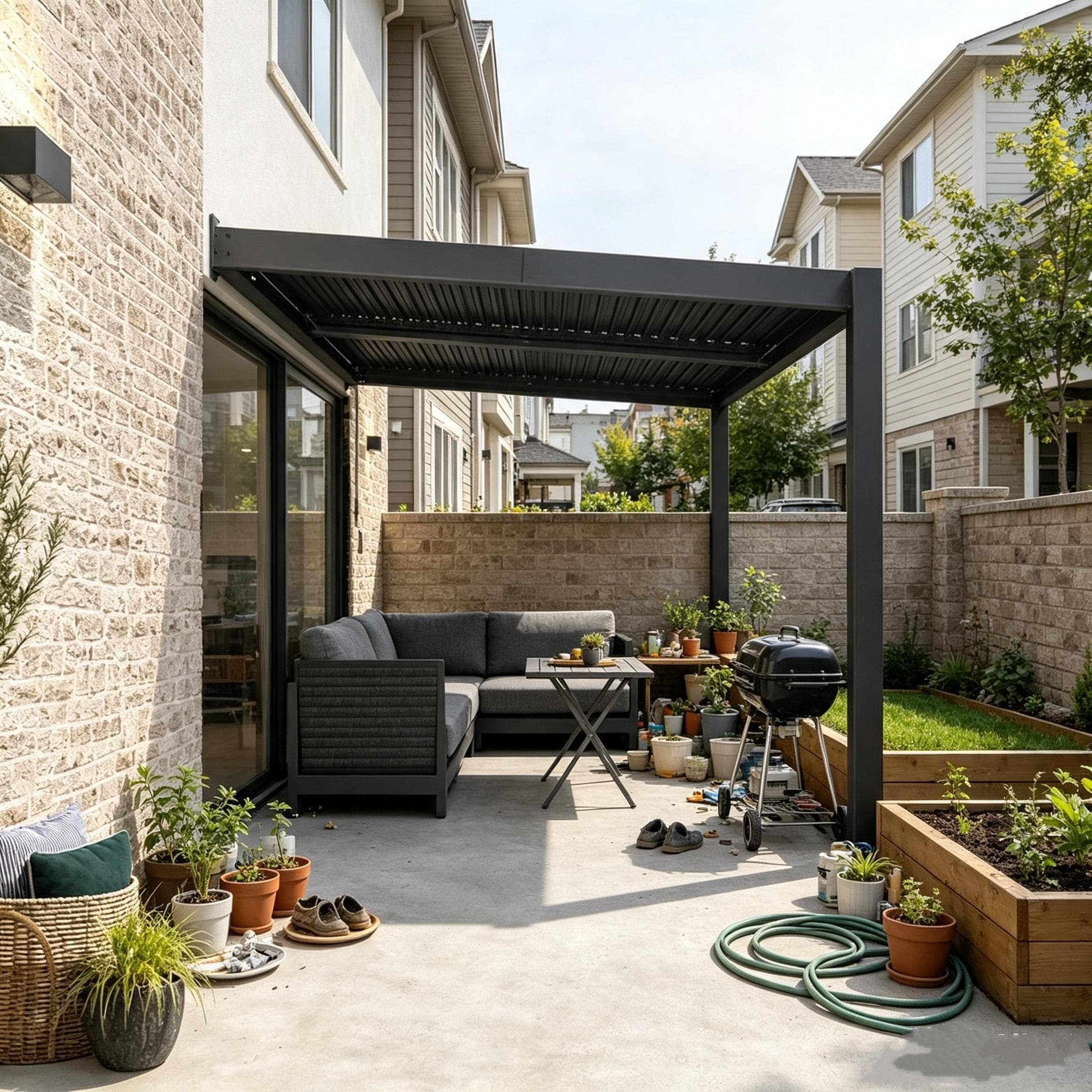 PURPLE LEAF Aluminum Wall Mount Louvered Pergola sloped roof rain drainage diverts water to shield siding&foundation from leaks
