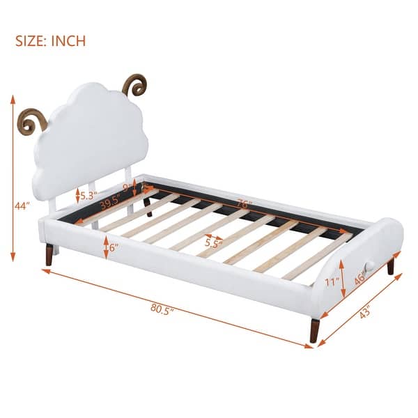 dimension image slide 1 of 4, Twin Size Upholstered Platform Bed Animal Theme Design Bed Frame with Sheep-Shaped Headboard and Footboard, No Box Spring Needed