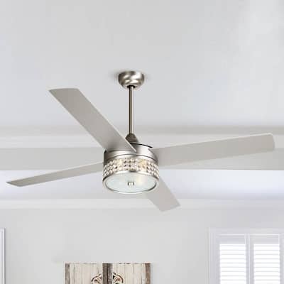 52-inch Satin Nickel/Black 4-Blades Crystal Ceiling Fan with Light Kit