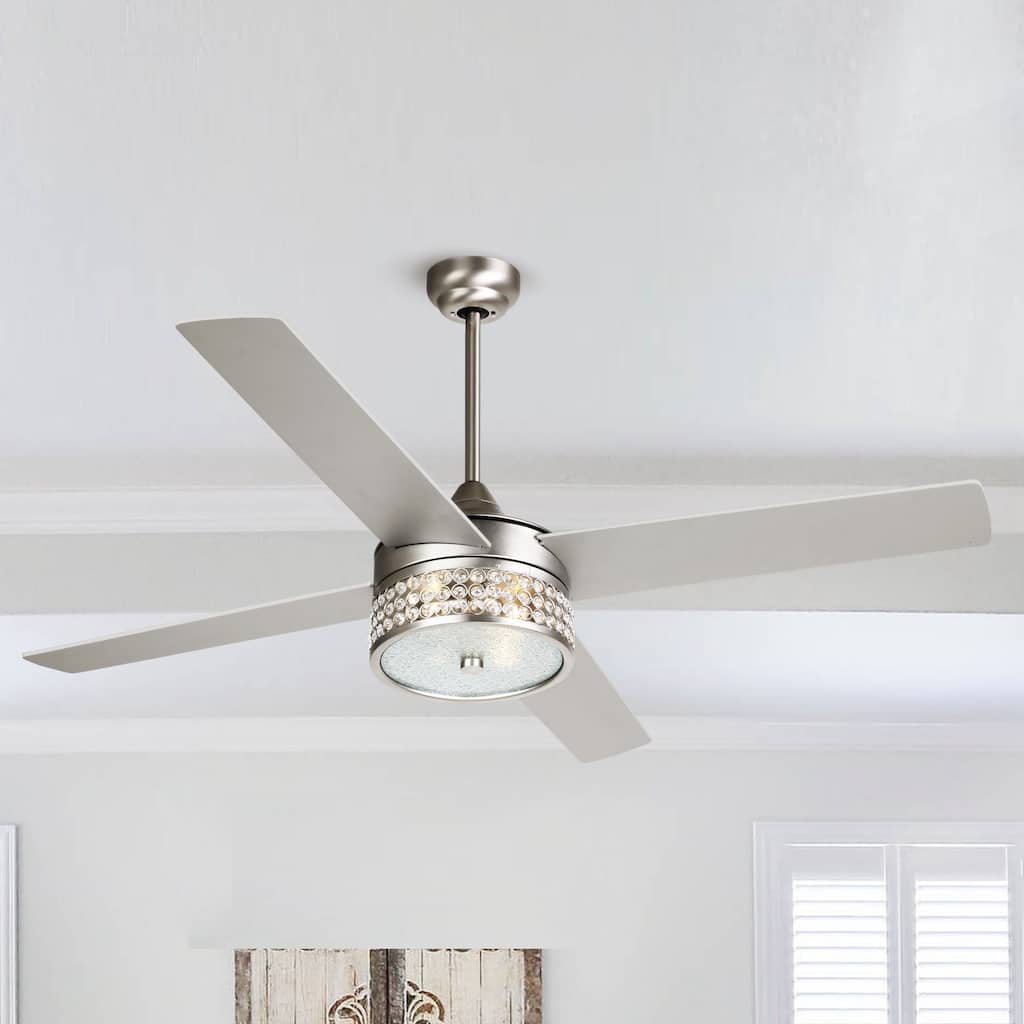 52-inch Satin Nickel/Black 4-Blades Crystal Ceiling Fan with Light Kit - 52-in