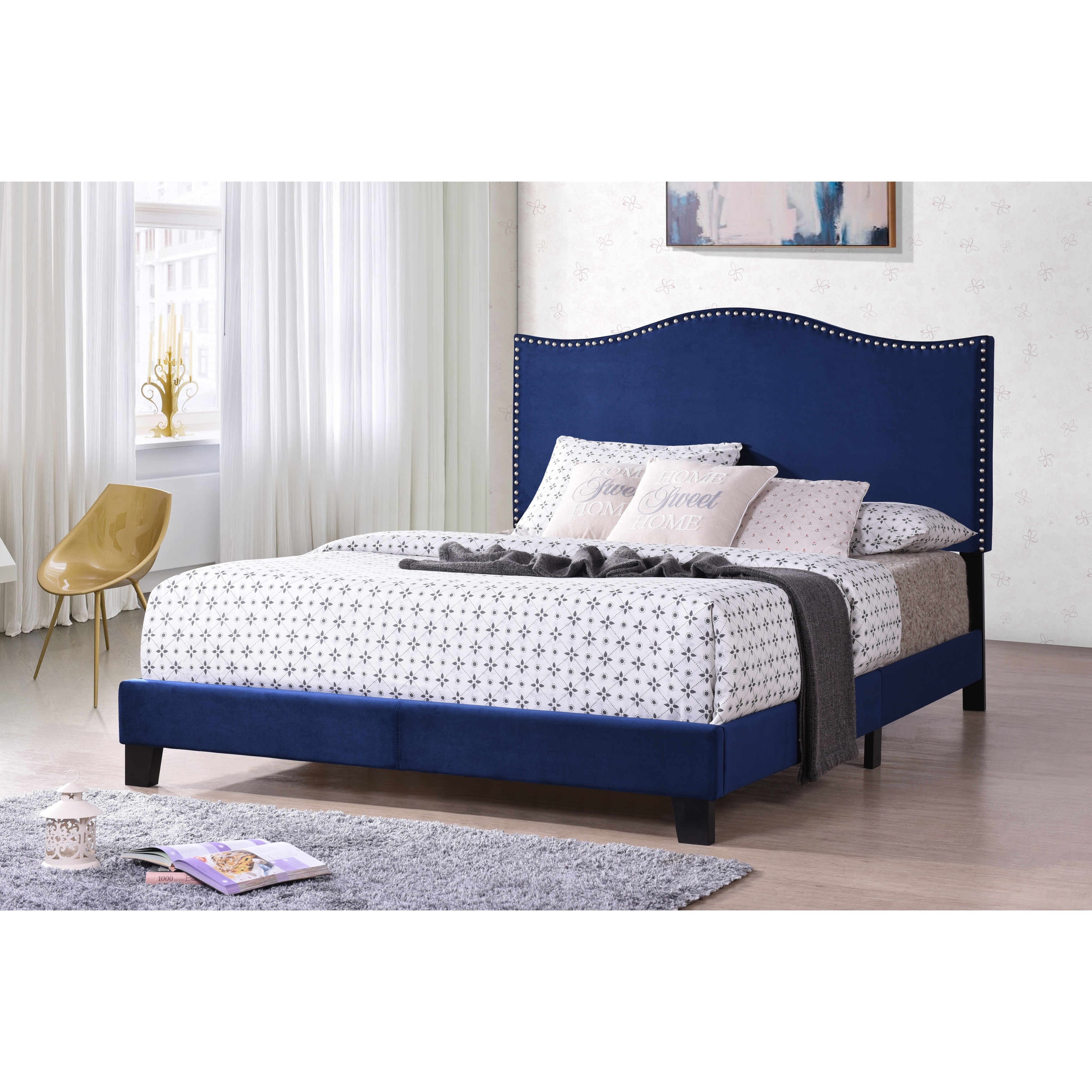 InRoom Designs Upholstered Platform Bed Frame with Curved Wingback Headboard, Fabric Frame with Wood Slat Support for Bedroom