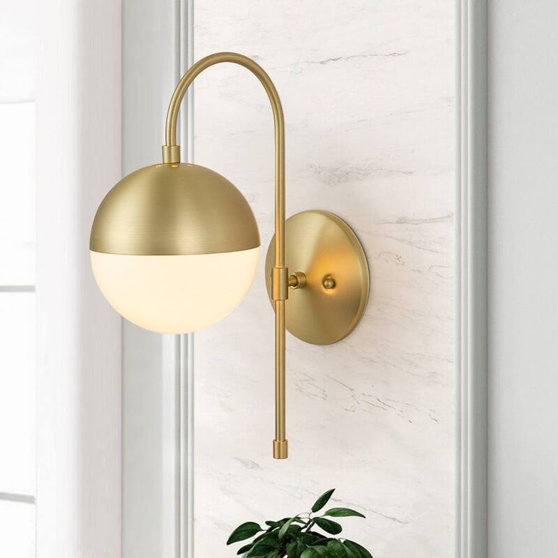 1-Light Goose Arm Frosted Glass Globe Wall Sconce - Brass
