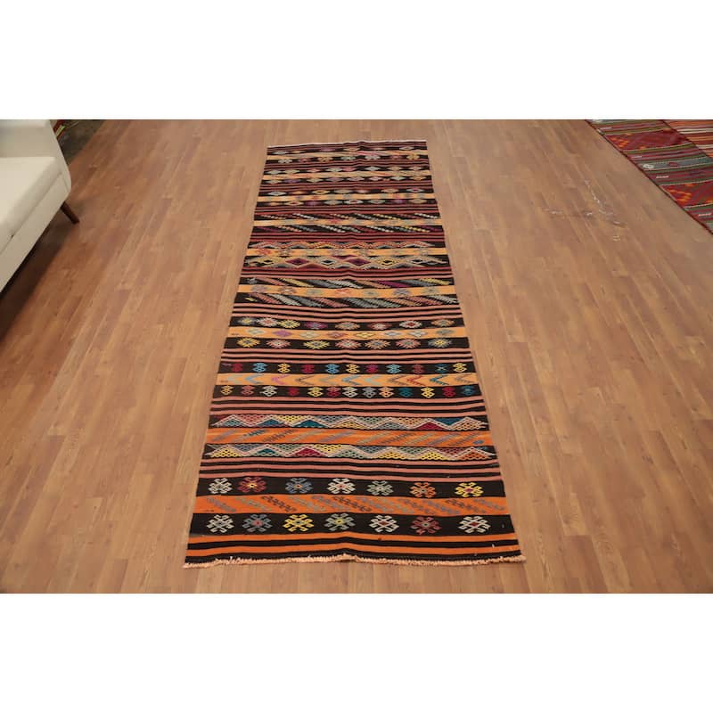 Hand Woven Oriental 100% Wool Carpet Southwestern Tribal Multi-Colored Kilim Runner Rug - 10' 11'' X 3' 9''
