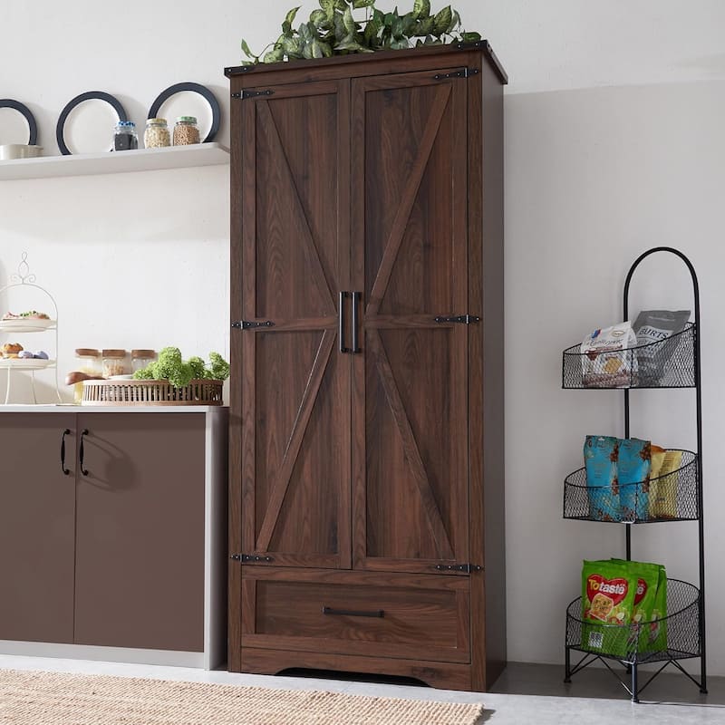 Farmhouse Kitchen Pantry Cabinet, Wood Storage Cabinets - Brown