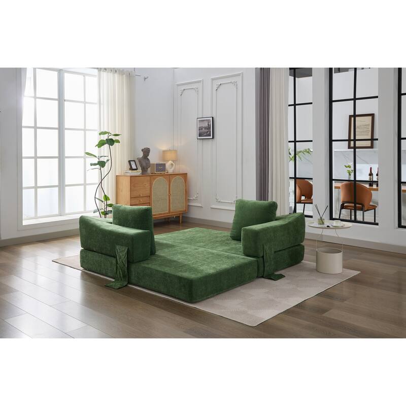 Modern Minimalist Fold-Out Sofa Bed, Convertible Chair Floor Couch, Green Chenille