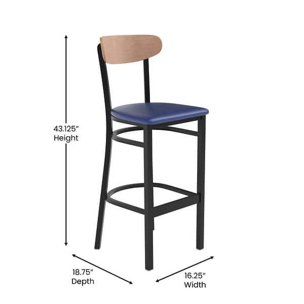 dimension image slide 0 of 13, Commercial Metal Barstool with Wood Seat and Boomerang Back