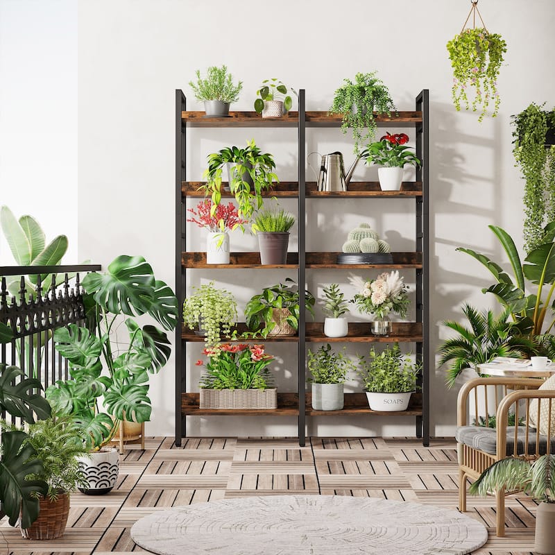 5-Tier Industrial Bookshelf, 71"H x 47"W Etagere Bookcase Free Standing Wide Book Shelf, Rustic Brown