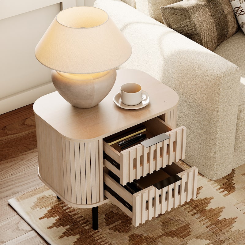 WAMPAT Fluted Nightstand with 2 Drawers,Wood End Table for Bedroom, Living Room