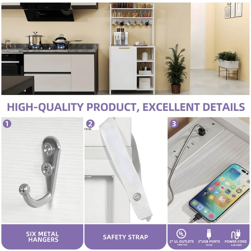 Bakers Rack with Trash Can Bin Cabinet &Power Outlets, Microwave Oven Stand Kitchen Shelf Organizer