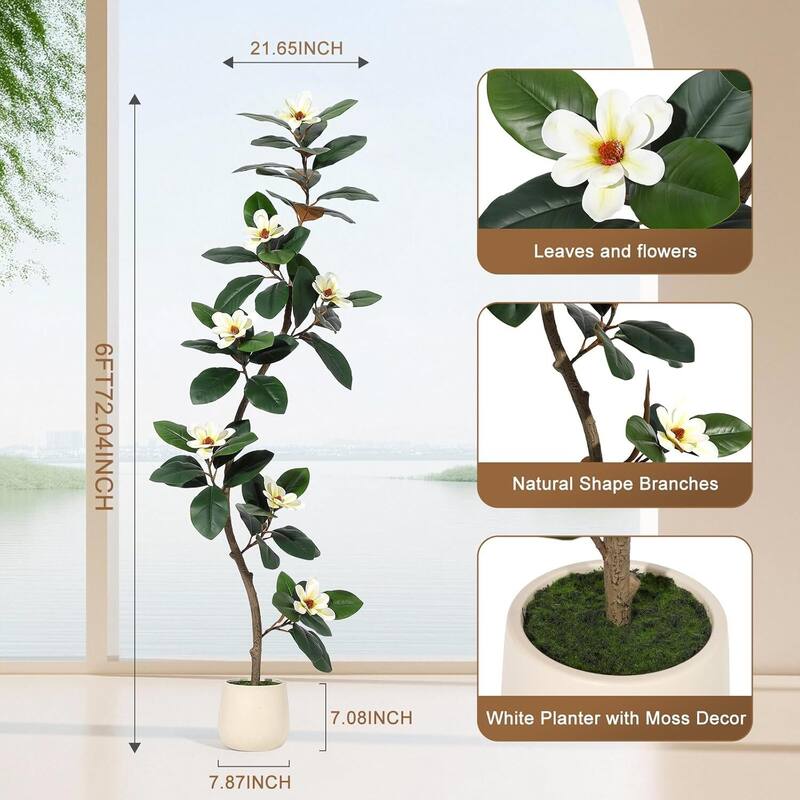 Artificial Faux Rubber Tree with Magnolia Flowers for Home Decor