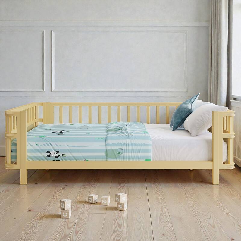 Kids Metal and Wood Platform Bed with Safety Rails, Low Profile Twin Full Children Bed for Boys and Girls
