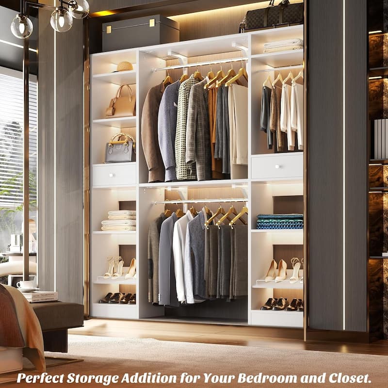 58" W - 90" W Closet System with 3 Hanging Rods and Shelves,Walk in Closet Organizer with 2 Drawers & Shoe Rack,Closet Wardrobe - White