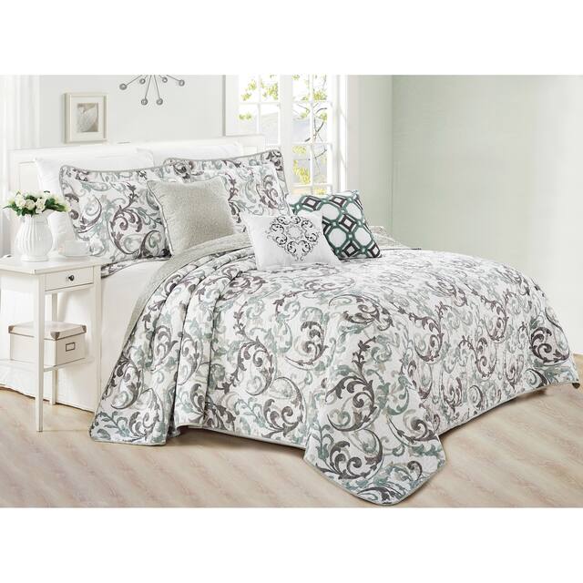 Serenta 6-piece Ravello Scroll Printed Microfiber Quilted Coverlet Set - Teal - Queen