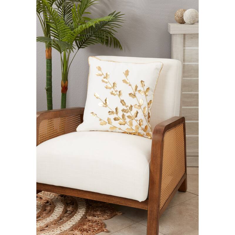 Metallic Poinsettia Branch Design Holiday Cotton Poly Filled Throw Pillow