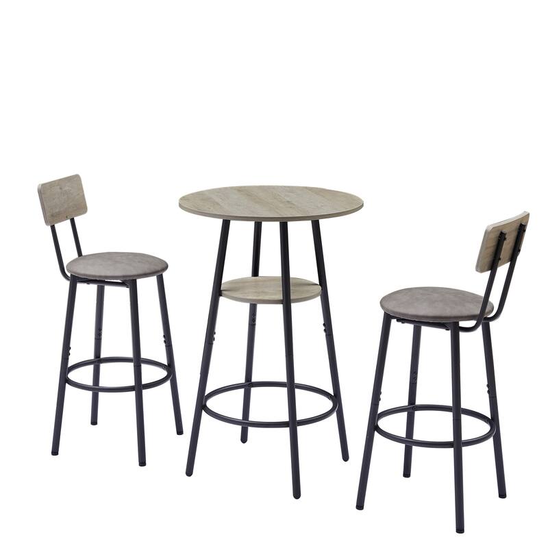 Minimalist Style 3-Piece Dining Table Set with 2 Bar Stools Round Table with Shelves,Grey