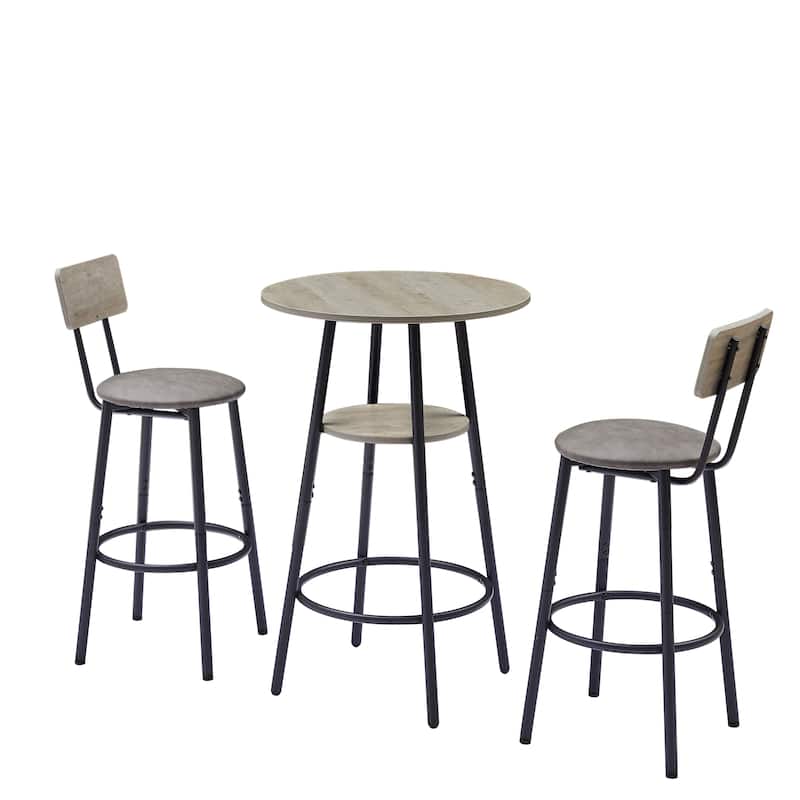 Round bar stool set with shelf, upholstered stool with backrest - Grey