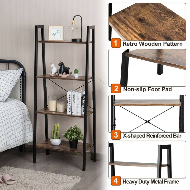 4-Tier Ladder Shelf Bookshelf Display Rack with Metal Frame for Home Office - 22" x 13" x 54.5" {L x W x H)