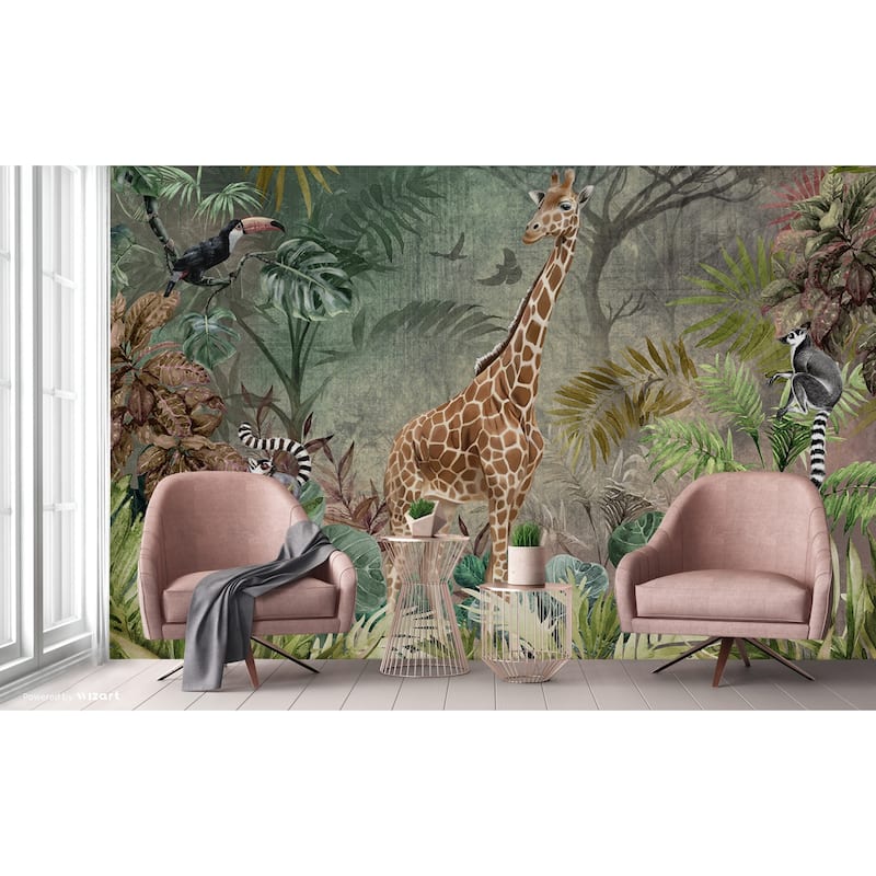 Enchanting Safari Wallpaper Mural Giraffe and Lemurs