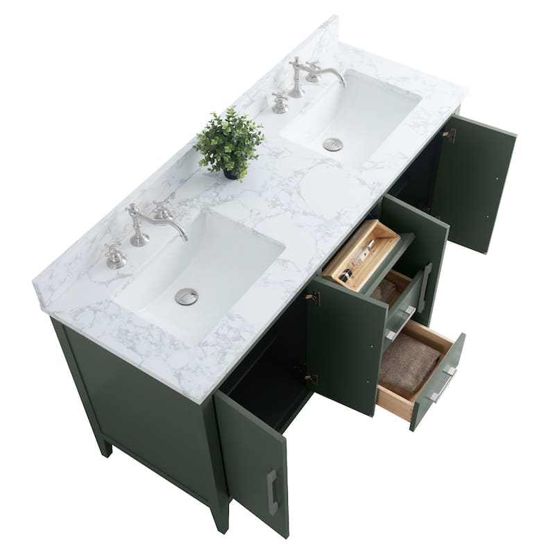 Vanity Art 60" Double Sink Bathroom Vanity Cabinet with Engineered Marble Top