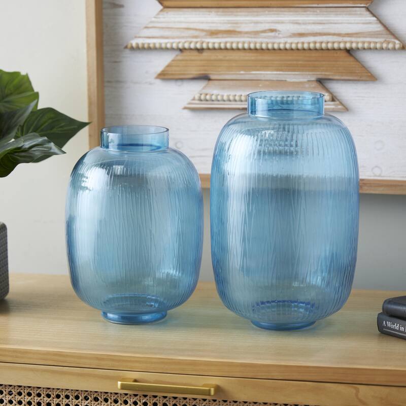 Glass Ribbed Decorative Vase - Set of 2 Blue - Roche River Decor