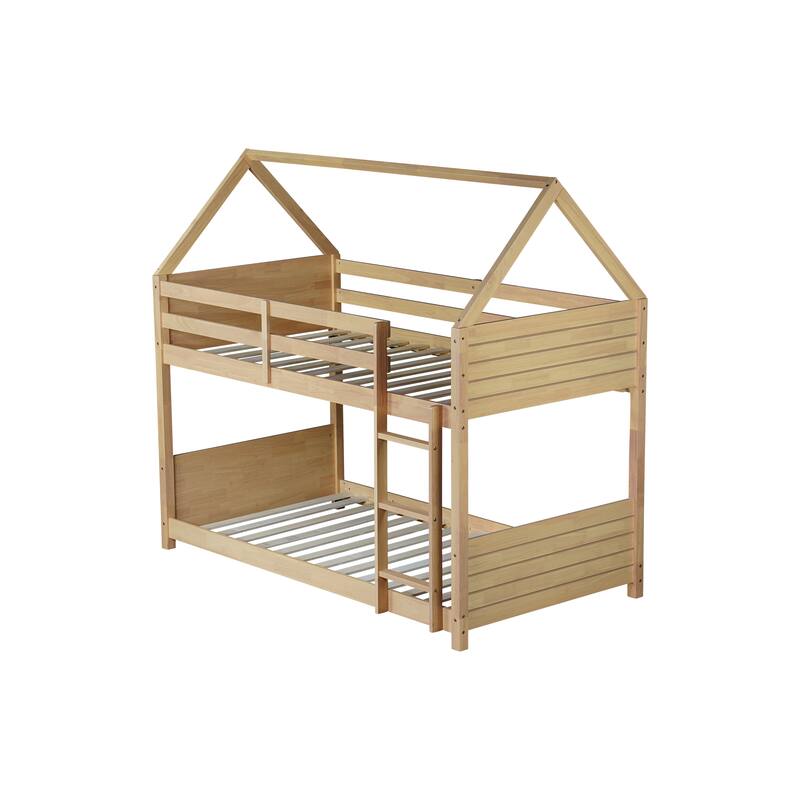 Twin Over Twin House Bunk Bed with Playful Roof Design Safety Guardrails & Ladder (250lb Capacity)