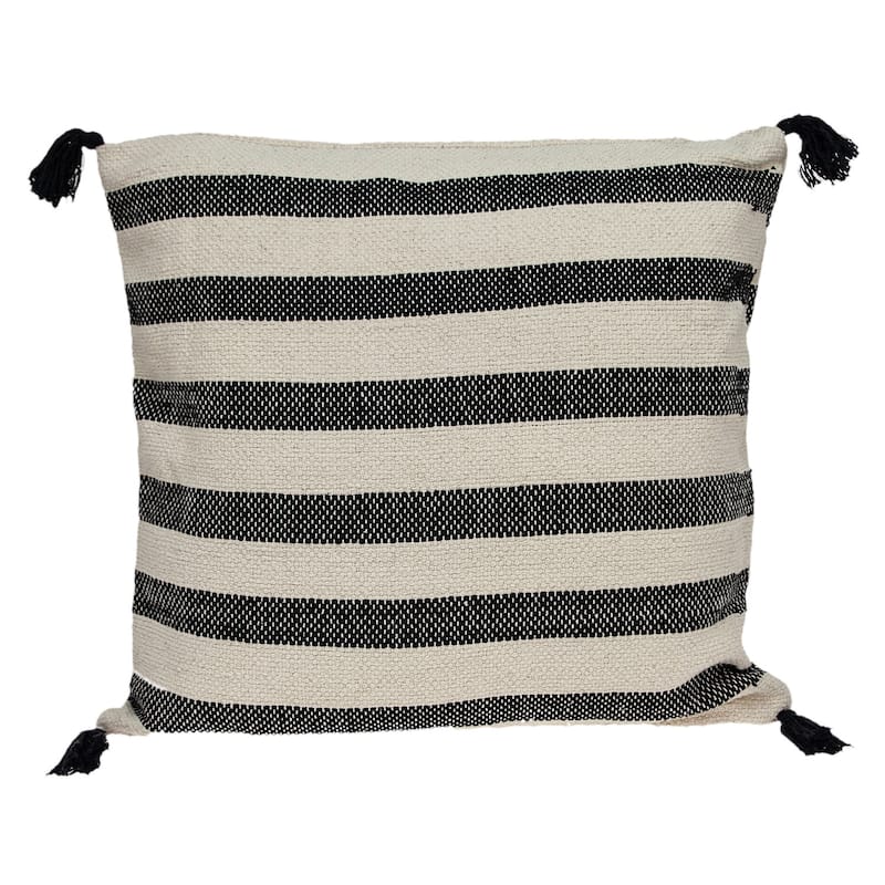 HomeRoots 24" Beige and Black Striped Cotton Throw Pillow With Tassels