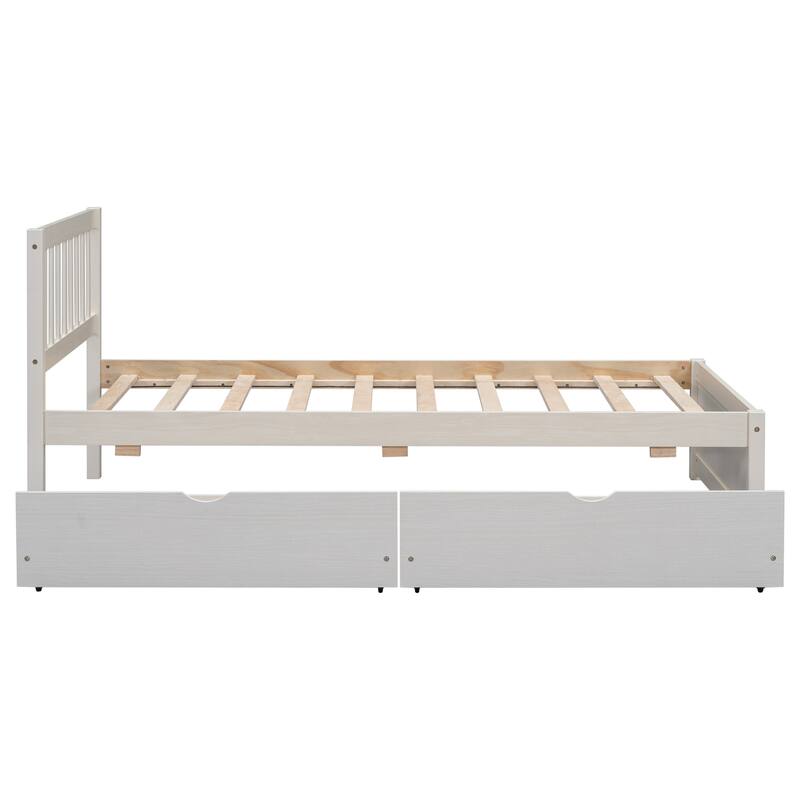 White Wood Twin Size Platform Bed with 2 Storage Drawers, Modern Design, No Box Spring Needed