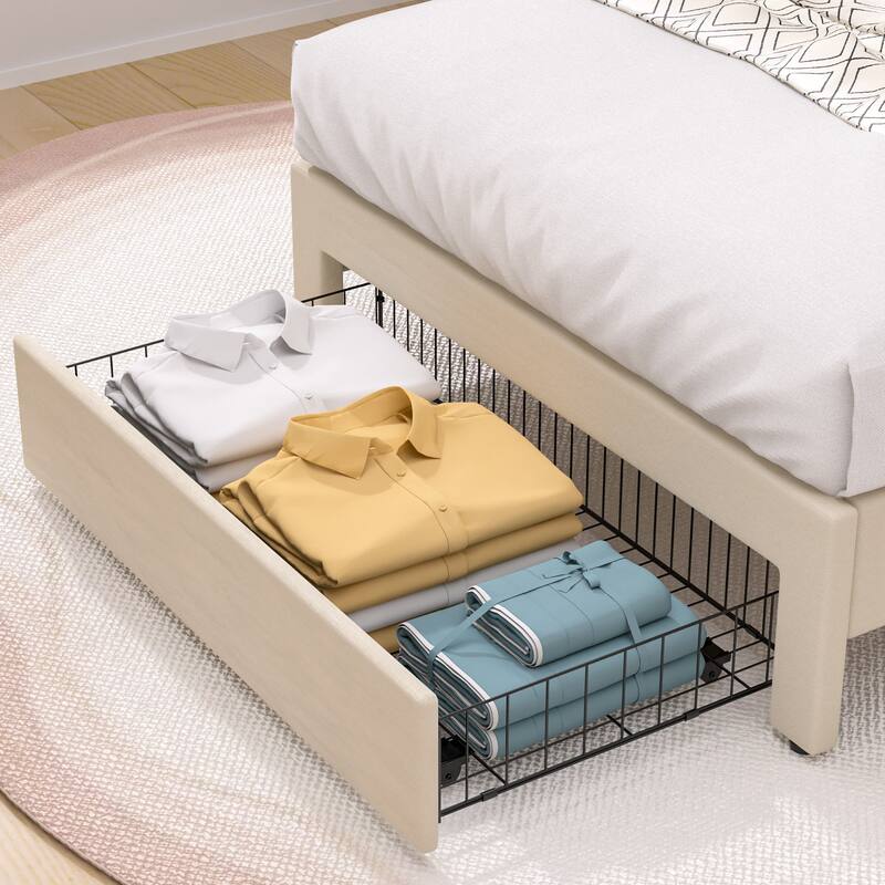 VECELO 2-Pack Kid Bed Frame Set Twin Size Platform Bed with Adjustable Upholstered Headboard Storage Drawer No Box Spring Needed