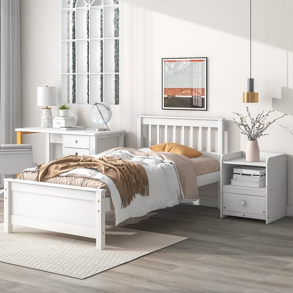 slide 2 of 7, White Twin SizeModern Bed with Nightstand, Ideal for Kids, Teens, and Adults, Sturdy Construction, No Box Spring Needed White