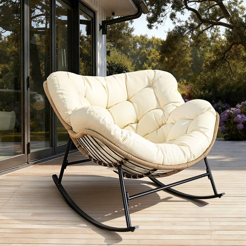 FINCATI Outdoor Rocking Papasan Chair, Rocking Chair Outdoor, 450 lbs Indoor Oversized Rocking Papasan, Comfy Rocking Egg Chair - 1 PC-Beige