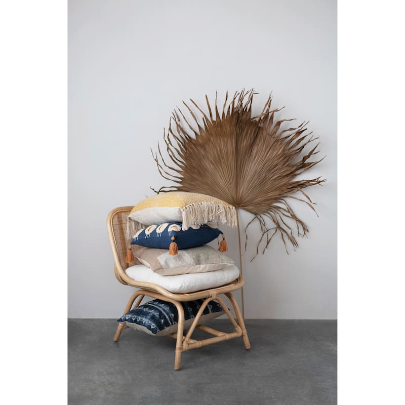 Stonewashed Cotton Slub Lumbar Pillow with Dot Pattern and Fringe
