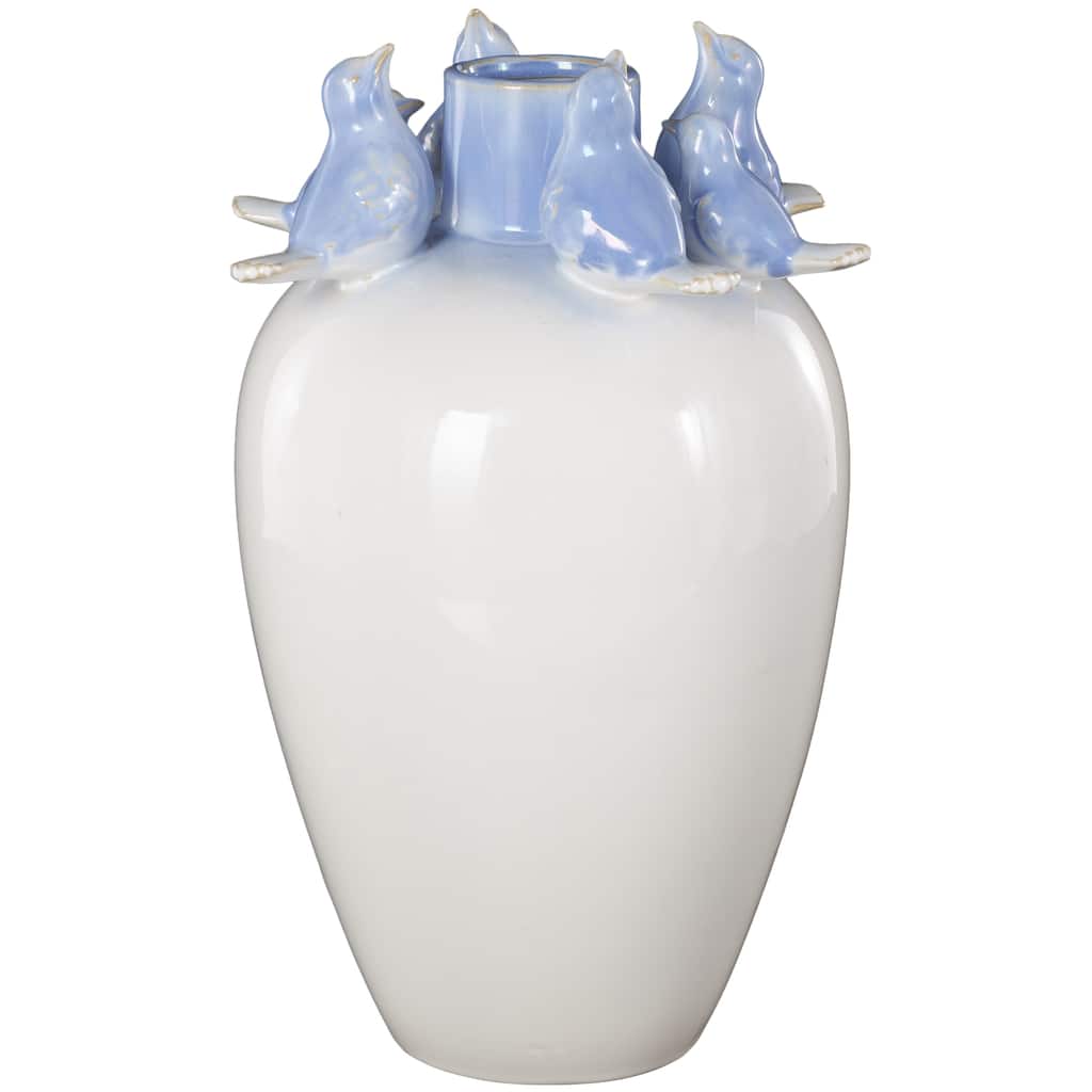 Ceramic Bird Vase with Blue Accents - White - Roche River Decor