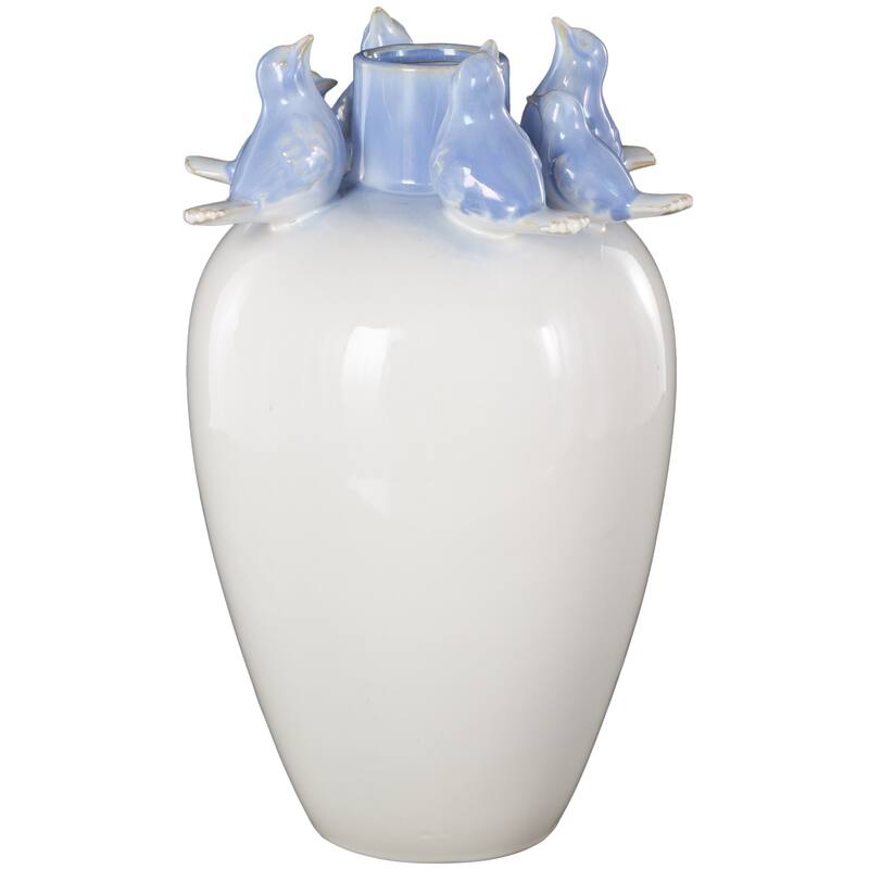 White Ceramic Bird Decorative Vase with Blue Accents