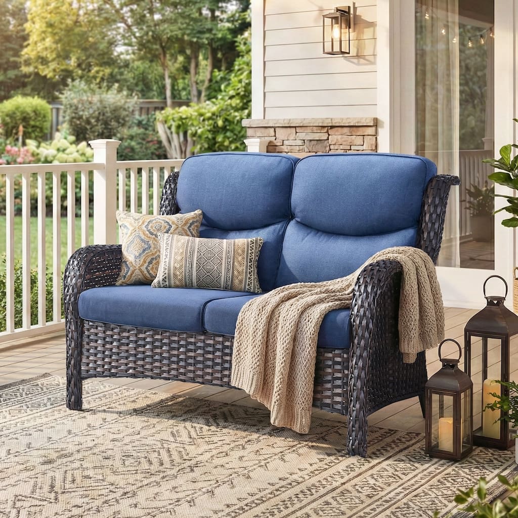 Pocassy Outdoor Patio Loveseat All-Weather Wicker Loveseat with Cushions