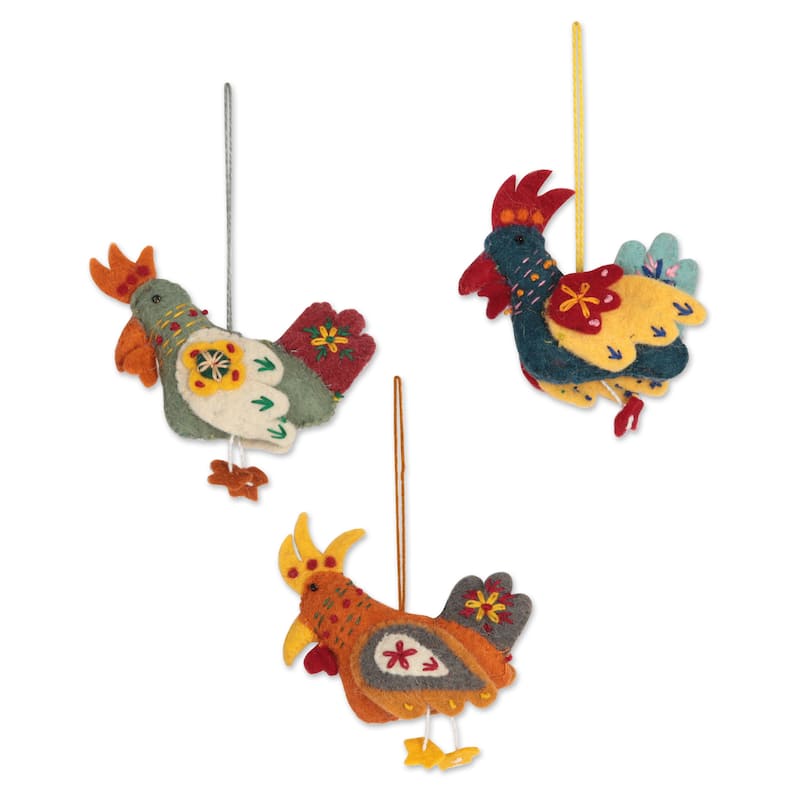 Novica Handmade Three French Hens Felted Wool Ornaments