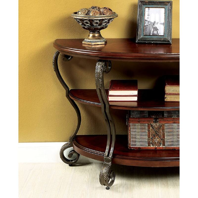 Wooden Sofa Table With Metal Frame in Brown Cherry Finish